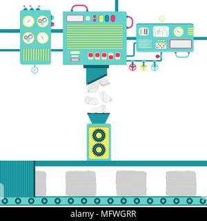 Macchine di lavorazione della carta e trasformando in pila di carta riciclata. Illustrazione Vettoriale