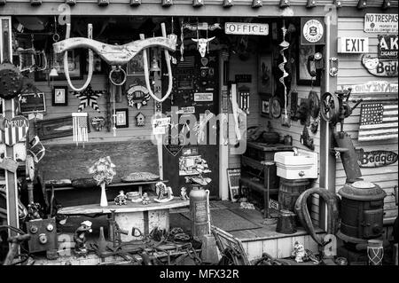 Antique collector's home con incredibile e storici interessanti pezzi di antiquariato in tutta la sua casa e cortile anteriore. Foto Stock