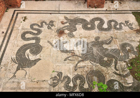I mosaici romani nel pavimento della camera e dei bagni Nettuno di Ostia Antica, l'antica città portuale di Roma e due migliaia di anni fa. Italia Foto Stock