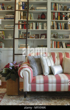Rosso e bianco divano stripe nella parte anteriore del libro scaffali in stile tradizionale salotto Foto Stock