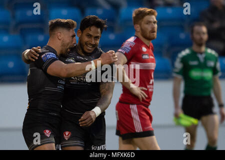 Manchester, Regno Unito. Sant Helens del Ben Barba celebra con un punteggio provare il 26 aprile 2018 , AJ Bell Stadium, Manchester, Inghilterra; Betfred Super League Rugby, Round 13, Salford Red Devils v St Helens ; credito: News immagini /Alamy Live News Foto Stock