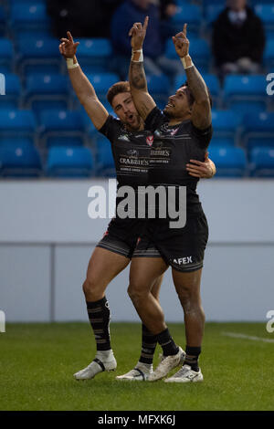 Manchester, Regno Unito. Sant Helens del Ben Barba celebra con un punteggio provare il 26 aprile 2018 , AJ Bell Stadium, Manchester, Inghilterra; Betfred Super League Rugby, Round 13, Salford Red Devils v St Helens ; credito: News immagini /Alamy Live News Foto Stock