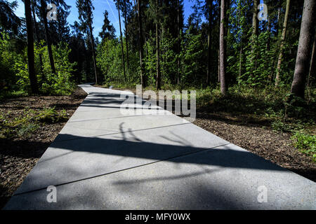 Waldkraiburg, Germania. 27 aprile 2018, un percorso attraverso la 'Waldlager" ("Forest Camp') un monumento che portano al campo di concentramento memorial vicino a Waldkraiburg. Il 'Waldlager" ("Forest Camp') e 'Massengrab' ('Mass tomba") memoriali per le vittime dell'Muehldorfer Hart esterno concentrazione sub-camp sono stati oggi aperta al pubblico. Foto: Matthias esitano di fronte/dpa Credito: dpa picture alliance/Alamy Live News Foto Stock