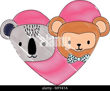 Cuore con la cute e di scimmia koala su sfondo bianco, design colorato. illustrazione vettoriale Illustrazione Vettoriale