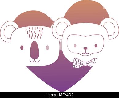 Cuore con la cute e di scimmia koala su sfondo bianco, design colorato. illustrazione vettoriale Illustrazione Vettoriale