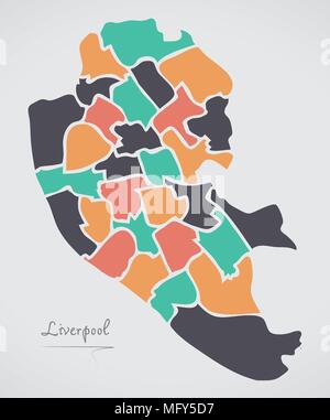 Mappa di Liverpool con reparti di degenza e di moderne forme rotonde Illustrazione Vettoriale