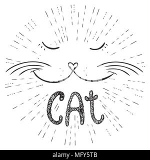 Cute cat, disegnati a mano T-shirt design o biglietto di auguri,illustrazione vettoriale. Illustrazione Vettoriale