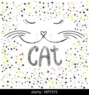 Cute cat, disegnati a mano T-shirt design o biglietto di auguri,illustrazione vettoriale. Illustrazione Vettoriale