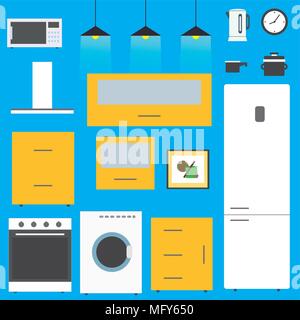 Set - mobili da cucina, utensili e dispositivi. Con frigo, forno, microonde, bollitore, . Uno stile piatto illustrazione vettoriale. Illustrazione Vettoriale