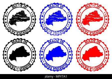 Realizzati in Burkina Faso - timbro di gomma - vettore, Burkina Faso mappa del modello - nero, blu e rosso Illustrazione Vettoriale