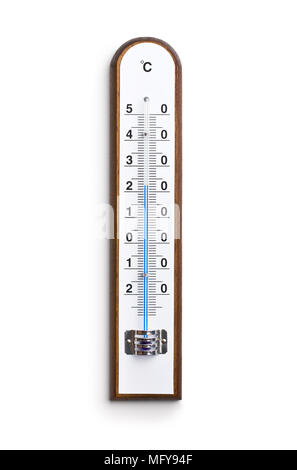 Meteo legno termometro isolati su sfondo bianco. Foto Stock