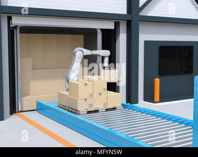 Robot industriale picking pacchi dal carrello contenitore di carico. Logistica il concetto di automazione. Il rendering 3D'immagine. Foto Stock