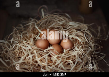 Le uova di gallina in paglia nido su tavole di legno, primo piano. Messa a fuoco selettiva. Tasto basso. Foto Stock