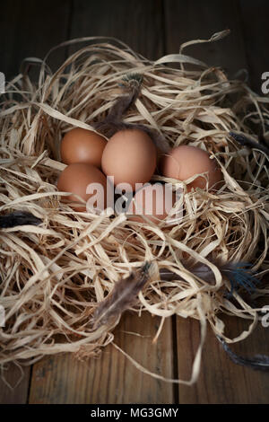 Uova di gallina nel nido di paglia con piume su tavole di legno, primo piano. Messa a fuoco selettiva. Tasto basso. Foto Stock