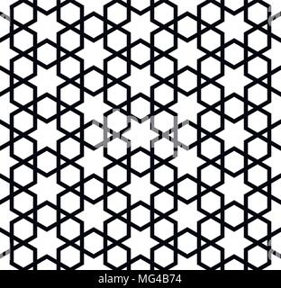 Seamless pattern in bianco e nero in linee spesse.l a sei punte stelle e da esagoni. Illustrazione Vettoriale