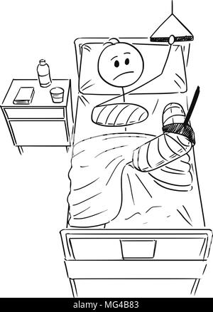 Cartoon di uomo o imprenditore che ha rotto la gamba e il braccio disteso sul letto in ospedale Illustrazione Vettoriale