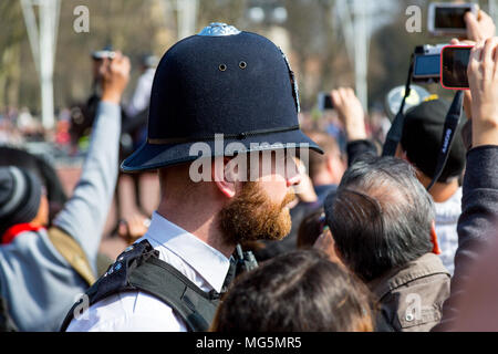 London, Regno Unito - 9 Aprile 2015: A LONDRA Bobby pattuglie una folla tenendo su telecamere. Foto Stock