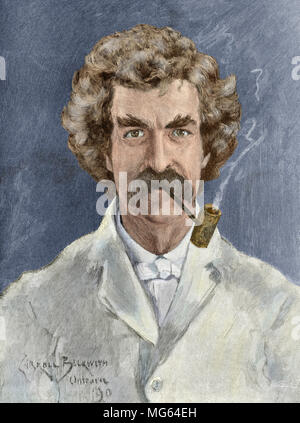 Samuel Clemens (Mark Twain), 1890. Digitalmente la xilografia colorata di un dipinto di J. Carroll Beckwith Foto Stock