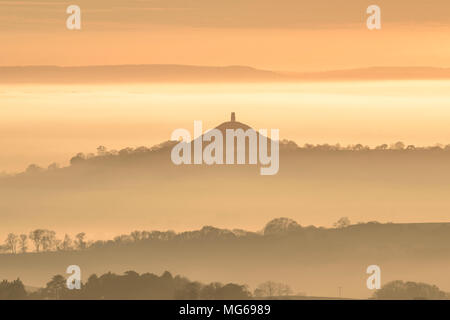 Glastonbury Tor aleggiano sopra un mare di nebbia sui livelli di Somerset durante un brillante tramonto d'autunno. Foto Stock