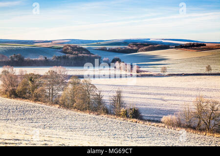 Una mattina il pupazzo di neve sui bassi di Marlborough nel Wiltshire. Foto Stock