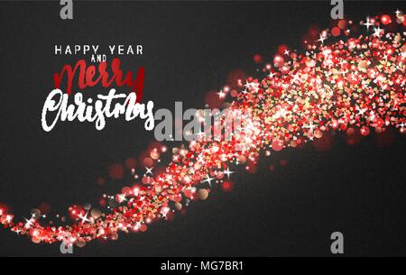 Sfondo di natale con luminosi realistici glitter coriandoli di stelle. Vacanze di Natale luci incandescenti effetto. Biglietti di auguri design Buon Natale e Felice Anno Nuovo, scritte etichetta. Illustrazione Vettoriale