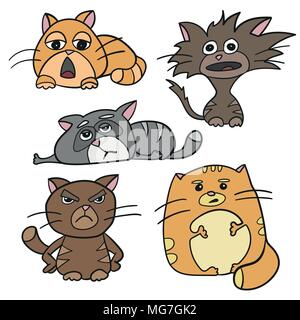 Cute cat caratteri grassi, arrabbiato, assonnato, crazy, triste emozione. Set di vettore Illustrazione Vettoriale