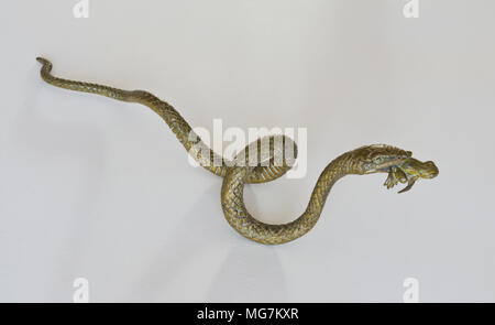 Verniciato a freddo serpente di bronzo con una rana Foto Stock