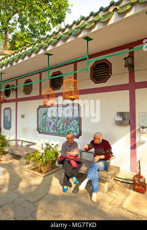 Due proprietari di uccelli nel Po Yuen Street Bird Garden, Hong Kong, Cina, Sud-est asiatico Foto Stock