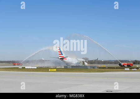 American Airlines, A330-243, A 330, 200, piloti dicendo addio, pensionato, l'acqua del battesimo, aeromobili, aereo, aereo, aeroporto di Monaco di Baviera, MUC, Germania, Foto Stock