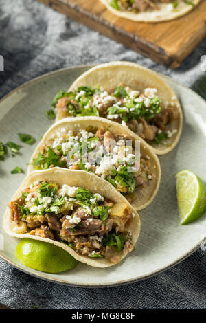 In casa la carne di maiale Carnitas Tacos con il coriandolo e Cojita Foto Stock