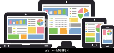 Reattivo di web design. Web design dispositivi tecnologici. Laptop, computer desktop, tablet e telefono cellulare. EPS vettoriali10. Illustrazione Vettoriale