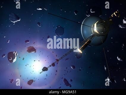 Illustrazione di una sonda Voyager a Oort cloud. Le due sonde Voyager sono stati avviati tra la fine degli anni settanta. Voyager 1 ha ora superato in spazio interstellare - oltre l'influenza del sole del campo magnetico - e Voyager 2 è impostato per fare in modo che nei primi 2020s. Circa trecento anni da adesso, le sonde entrano gli inizi di Oort cloud - uno sciame di inerte comet nuclei che circonda il Sole fino a forse 50.000 unità astronomiche da esso. Il cloud è così vasto che le sonde sono attesi circa 40.000 anni di passare attraverso di essa in uno spazio libero. Foto Stock