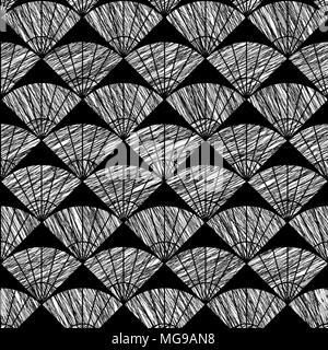 Graffiato lo sfondo della ventola. Basata sul tradizionale giapponese del ricamo. Abstract Seamless pattern. Sulla base di cucitura Sashiko - uchiwa. Backdro monocromatica Illustrazione Vettoriale