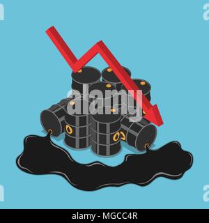 Appartamento 3D isometrica barili di olio con la caduta di grafico. Olio di diminuzione di prezzo e industria del petrolio concetto. Illustrazione Vettoriale