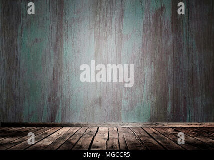 Blu Verde cemento parete grunge e vintage in legno piano con la luce spot Foto Stock