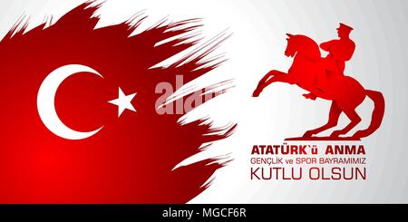 19 mayis Ataturk'u anma, genclik ve spor bayrami. Traduzione dal turco: 19 maggio commemorazione di Ataturk, della gioventù e dello sport il giorno. Illustrazione Vettoriale