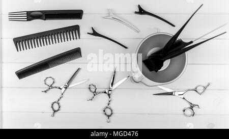 Taglio di capelli professionale pettini, forbici, clip, vaso, la colorazione di spazzole per capelli salon Foto Stock