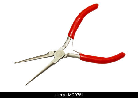 Pinze con vinile rosso manici isolati su sfondo bianco Foto Stock