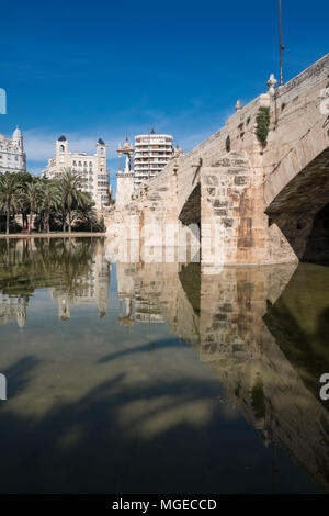 Piccolo lago sotto il Puente Del Mar ponte in Giardini Turia (Jardines del Turia), un 9km ex alveo in esecuzione attraverso la città, Valencia, Spagna Foto Stock