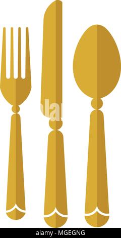 Logo di mangiare con il cucchiaio coltello e forchetta d'oro icona del colore, modello logo per ristoranti, cafe, fast food Illustrazione Vettoriale