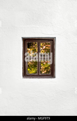 Vintage vecchia finestra in legno con riflessioni di fiori su un bianco parete testurizzata Foto Stock