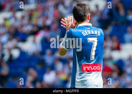 Spagna - 28 Aprile: Espanyol avanti Gerard Moreno (7) durante la partita tra RCD Espanyol v Las Palmas per il round 35 del Liga Santander, suonato a Cornella-El Prat Stadium il 28 aprile 2018 a Barcellona, Spagna. (Credit: Mikel Trigueros / Urbanandsport / Cordon Premere) Cordon premere Foto Stock