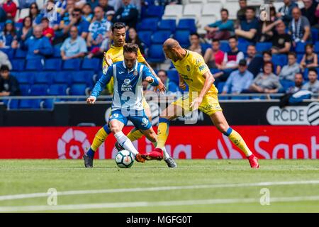 Spagna - 28 Aprile: Espanyol avanti Gerard Moreno (7) durante la partita tra RCD Espanyol v Las Palmas per il round 35 del Liga Santander, suonato a Cornella-El Prat Stadium il 28 aprile 2018 a Barcellona, Spagna. (Credit: Mikel Trigueros / Urbanandsport / Cordon Premere) Cordon premere Foto Stock