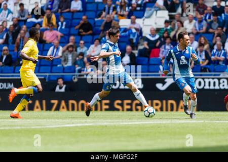 Spagna - 28 Aprile: Espanyol avanti Gerard Moreno (7) durante la partita tra RCD Espanyol v Las Palmas per il round 35 del Liga Santander, suonato a Cornella-El Prat Stadium il 28 aprile 2018 a Barcellona, Spagna. (Credit: Mikel Trigueros / Urbanandsport / Cordon Premere) Cordon premere Foto Stock