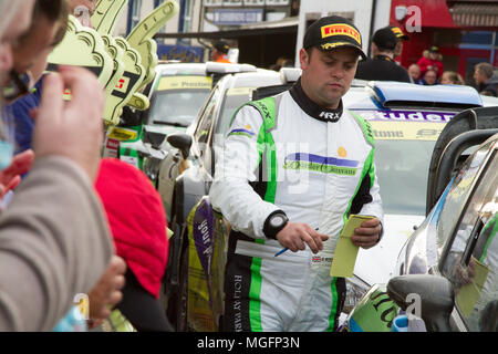 Brampton, Cumbria, Regno Unito, 28 aprile 2018. Finitura cerimoniale del Pirelli International Rally ha avuto luogo a Brampton, Cumbria. Andrew Cheal/Alamy Live News Foto Stock