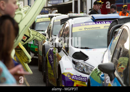 Brampton, Cumbria, Regno Unito, 28 aprile 2018. Finitura cerimoniale del Pirelli International Rally ha avuto luogo a Brampton, Cumbria. Andrew Cheal/Alamy Live News Foto Stock