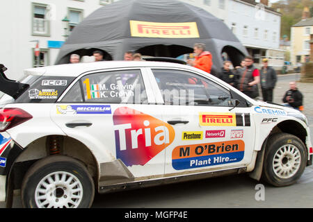 Brampton, Cumbria, Regno Unito, 28 aprile 2018. Finitura cerimoniale del Pirelli International Rally ha avuto luogo a Brampton, Cumbria. Andrew Cheal/Alamy Live News Foto Stock