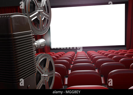 Proiettore video e cinema in bianco schermo con sedi vuote. Cinema, film o video home concetto dello sfondo. 3d illustrazione Foto Stock