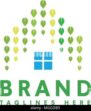 Green House logo, foglie e casa di coperture design concept, naturale green house e immobiliare il concetto di logo, creative foglia verde come copertura del logo della casa Illustrazione Vettoriale