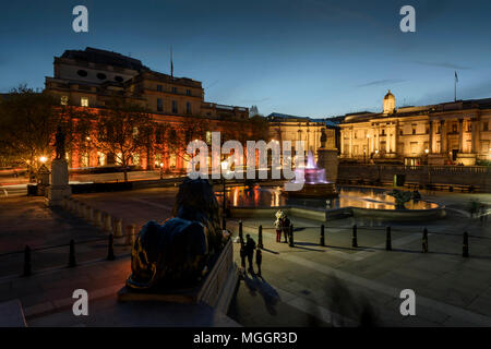 Trafalgar Square guardando verso il Canada House e la Galleria Nazionale al tramonto. Foto Stock